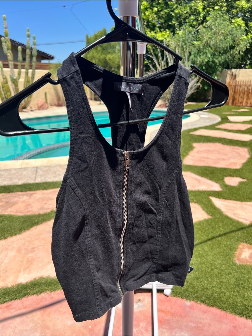 Kendall & Kylie Black Racerback Crop Top with Front Zip